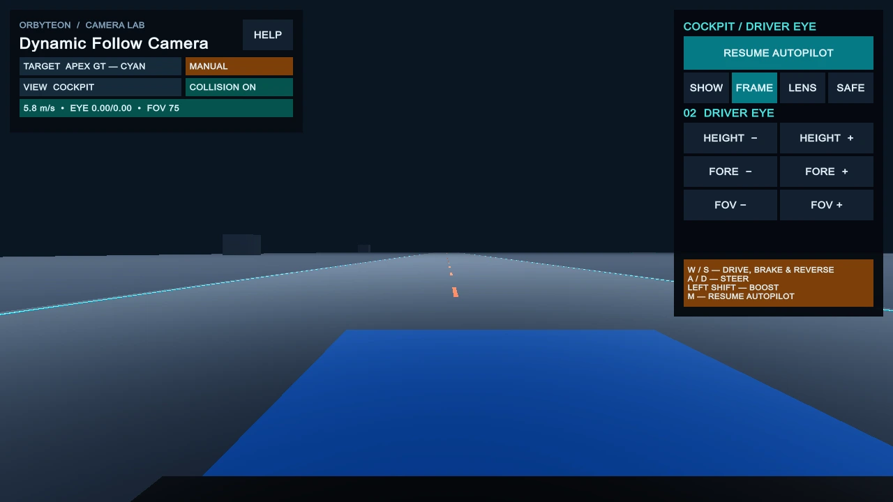 Unity demo with the driver's cockpit view and camera framing controls