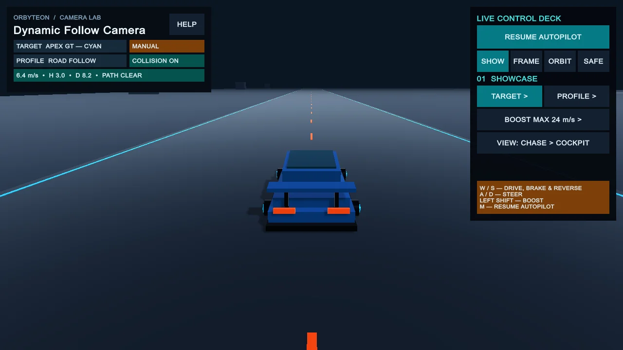 Dynamic Follow Camera Unity demo showing a chase camera behind a blue car
