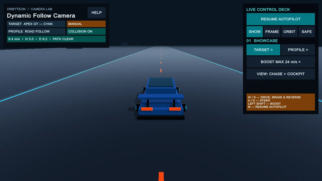 Dynamic Follow Camera Unity demo showing a chase camera behind a blue car