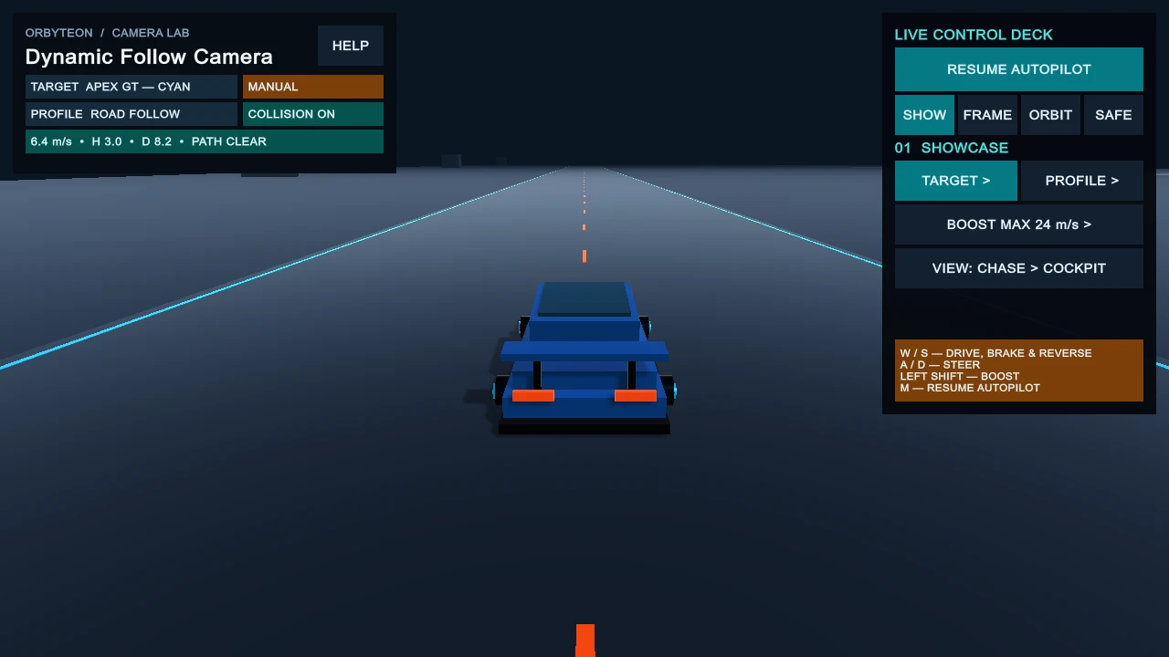 Dynamic Follow Camera Unity demo with a chase camera following a blue car