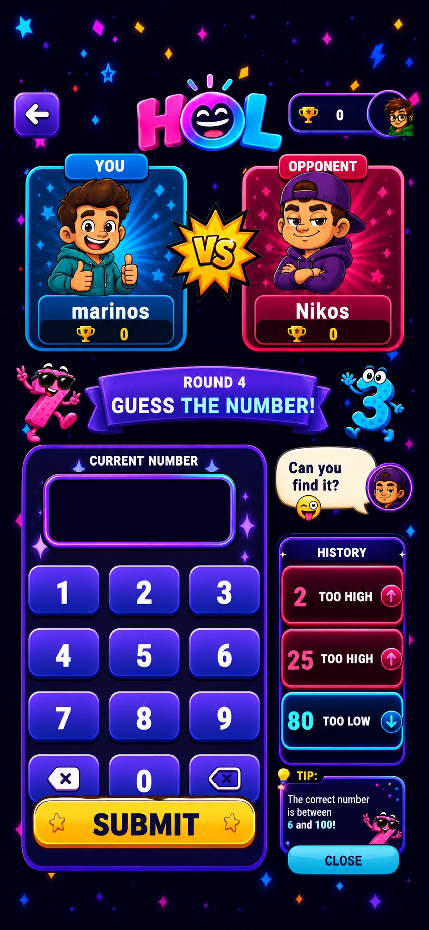 HOL gameplay preview in English, showing two opponents and the number guessing controls