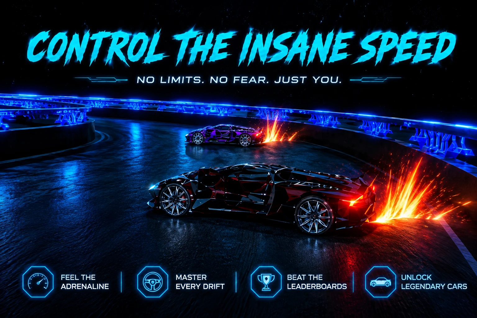 RideCore Control the Insane Speed promotional image with two racing cars on a blue neon circuit