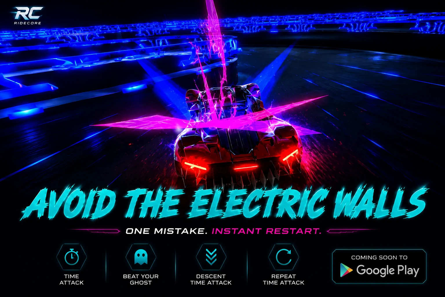 RideCore promotional car beside bright electric barriers