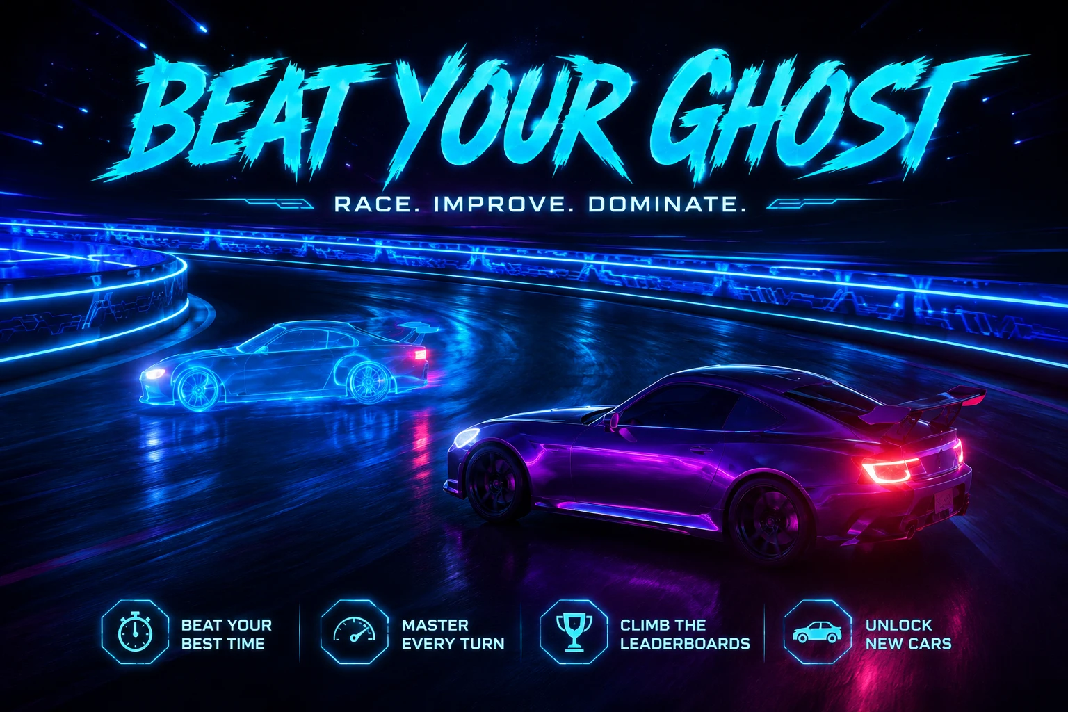 RideCore Beat Your Ghost promotional artwork with a racing car and its blue ghost on a neon track