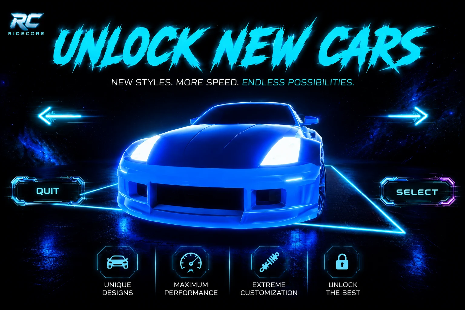 RideCore Unlock New Cars promotional image showing a blue car in the selection screen